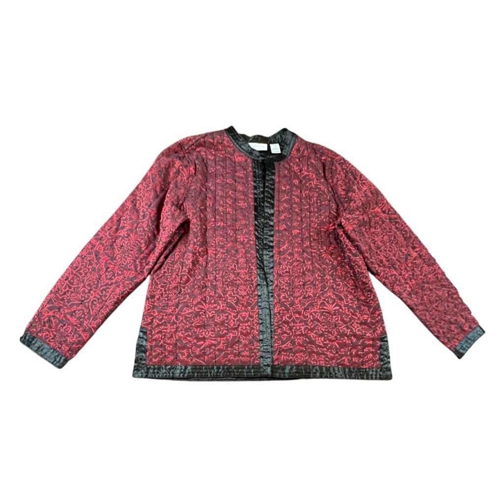 Alfred Dunner Quilted Jacket Red Black Floral Size 10 Holiday Boho Coquette